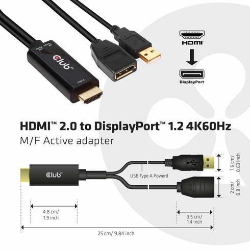 Club3D CAC1331 HDMI 2.0 TO DisplayPort 1.2 4K60HZ HDR M/F Active Adapter CAC-1331